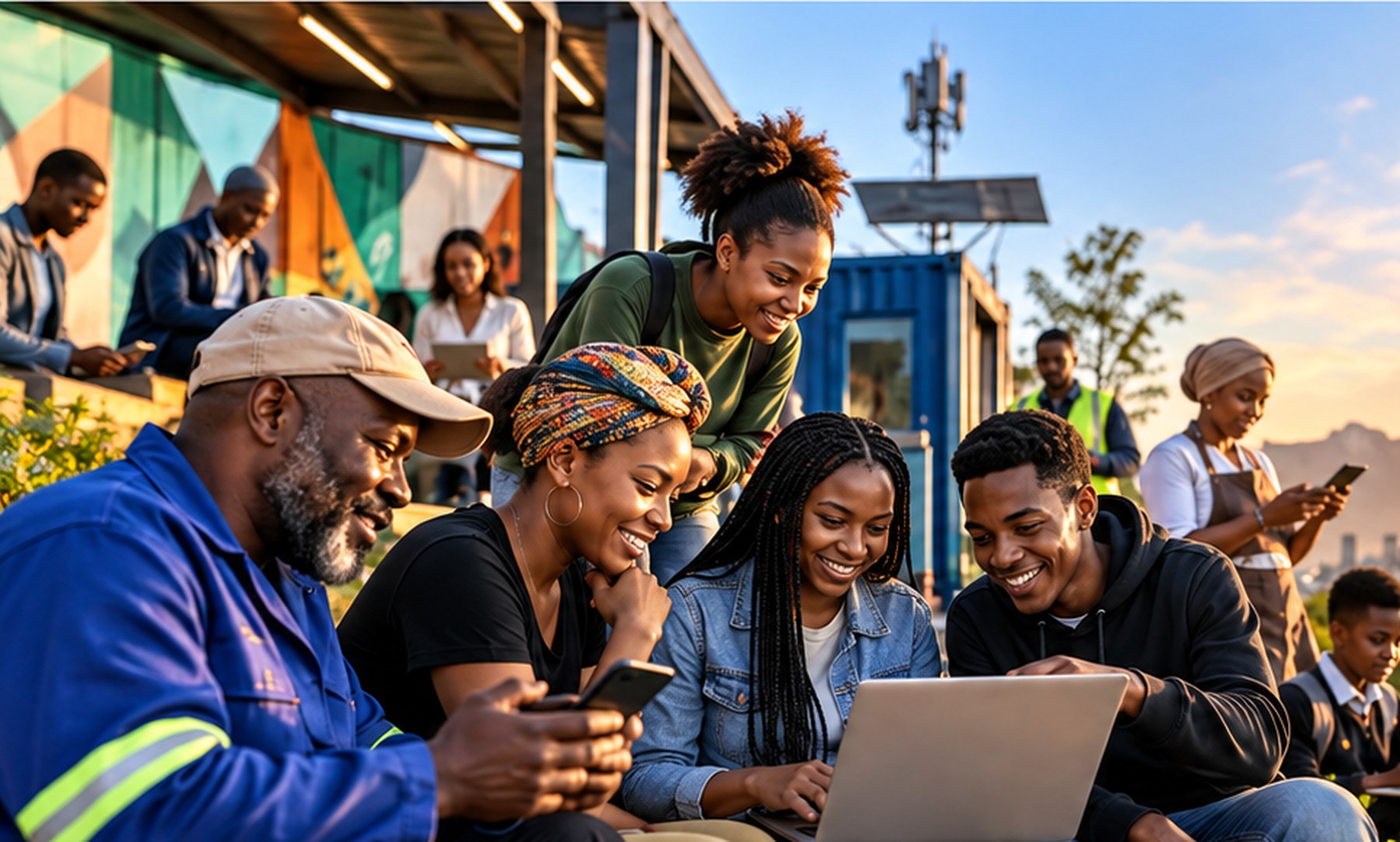 Civil society practitioners collaborating with digital tools in an African urban community